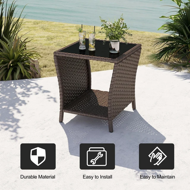 Alt view image 7 of 7 - Set of 2 Brown Outdoor Wicker Side Tables with Glass Top & Storage Shelf