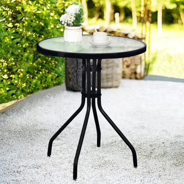 Main image of 24" Black Outdoor Metal Round Bistro Side Table with Glass Top, Patio Coffee Table