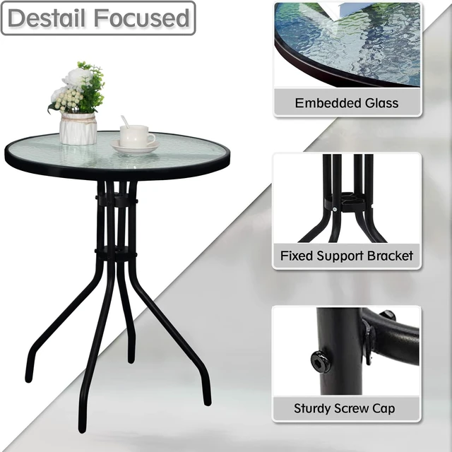 Alt view image 4 of 6 - 24" Black Outdoor Metal Round Bistro Side Table with Glass Top, Patio Coffee Table