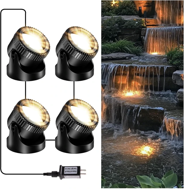 Main image of 4-in-1 Warm White Underwater Pond Lights IP68 Waterproof LED Landscape Spotlights for Pond, Garden, Patio, Fountain, Pool, Waterfall (4 Head Lamps)