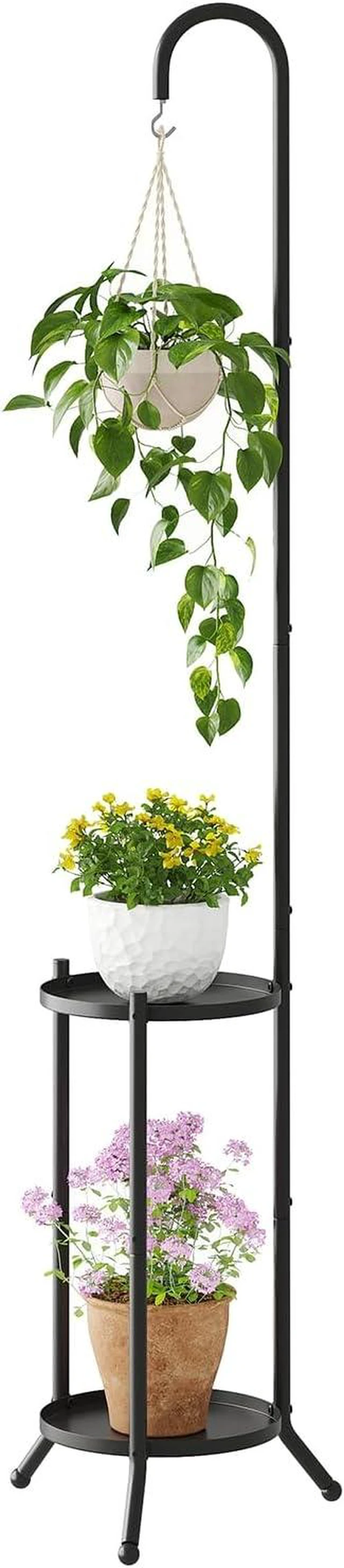 Main image of 2-Tier Metal Plant Stand with Hanging Hook Heavy Duty Rustproof Indoor Outdoor Shelf for Multiple Planters, Corner Garden Balcony Patio (Black)
