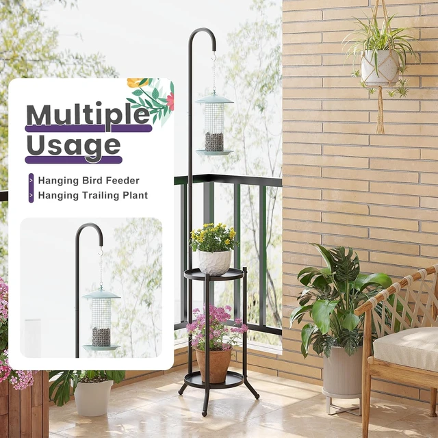 Alt view image 5 of 7 - 2-Tier Metal Plant Stand with Hanging Hook Heavy Duty Rustproof Indoor Outdoor Shelf for Multiple Planters, Corner Garden Balcony Patio (Black)