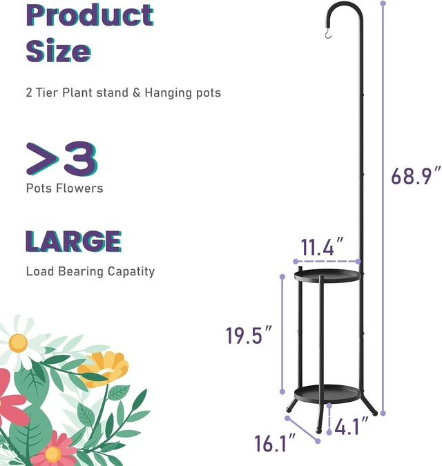 Alt view image 6 of 7 - 2-Tier Metal Plant Stand with Hanging Hook Heavy Duty Rustproof Indoor Outdoor Shelf for Multiple Planters, Corner Garden Balcony Patio (Black)