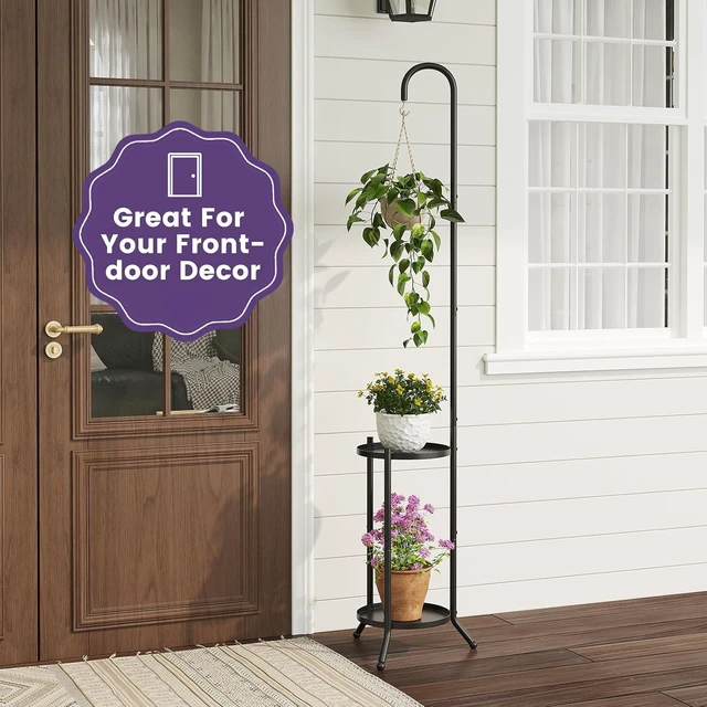 Alt view image 7 of 7 - 2-Tier Metal Plant Stand with Hanging Hook Heavy Duty Rustproof Indoor Outdoor Shelf for Multiple Planters, Corner Garden Balcony Patio (Black)