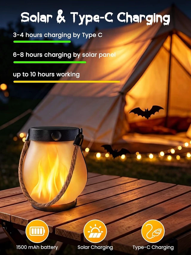 Alt view image 2 of 7 - 4 Pack Waterproof Solar Lanterns Outdoor Hanging Flame Halloween Lights