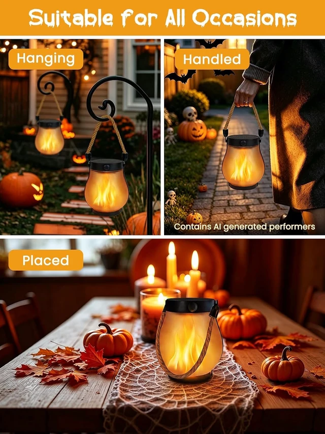 Alt view image 6 of 7 - 4 Pack Waterproof Solar Lanterns Outdoor Hanging Flame Halloween Lights