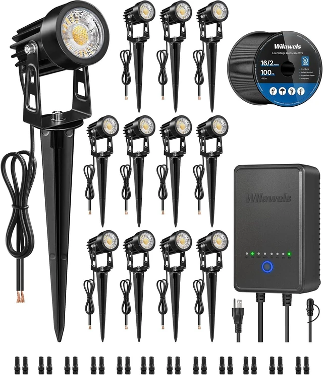 Main image of All-in-One LED Low Voltage Landscape Lighting Kit 12-Pack Waterproof 3000K Spotlights with Transformer, 100FT Wire & Connectors, W02LK06