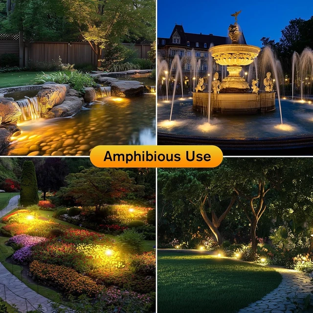 Alt view image 6 of 7 - 4-in-1 Warm White Underwater Pond Lights IP68 Waterproof LED Landscape Spotlights for Pond, Garden, Patio, Fountain, Pool, Waterfall (4 Head Lamps)