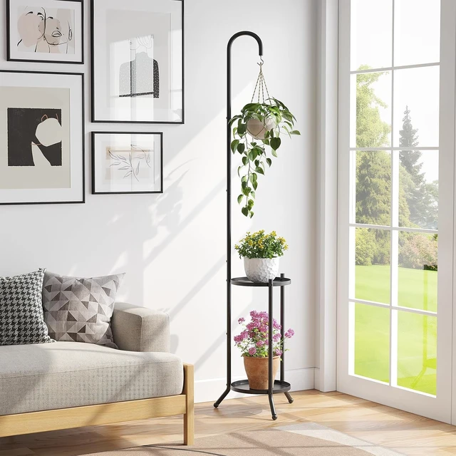 Alt view image 2 of 7 - 2-Tier Metal Plant Stand with Hanging Hook Heavy Duty Rustproof Indoor Outdoor Shelf for Multiple Planters, Corner Garden Balcony Patio (Black)