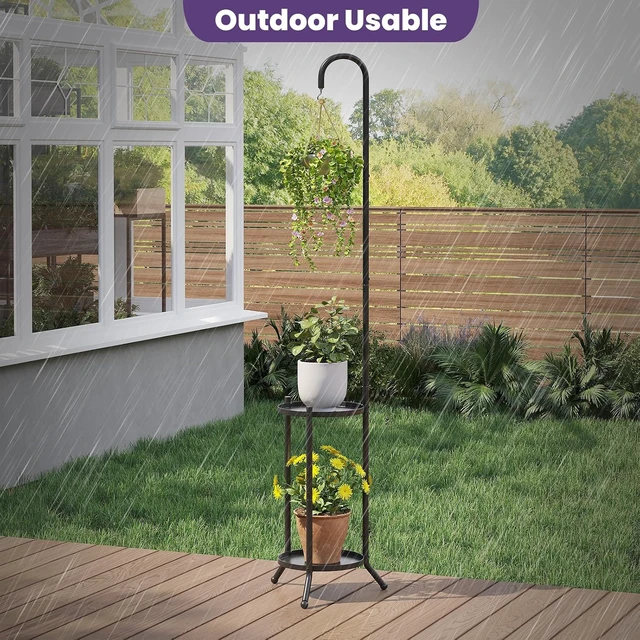 Alt view image 3 of 7 - 2-Tier Metal Plant Stand with Hanging Hook Heavy Duty Rustproof Indoor Outdoor Shelf for Multiple Planters, Corner Garden Balcony Patio (Black)