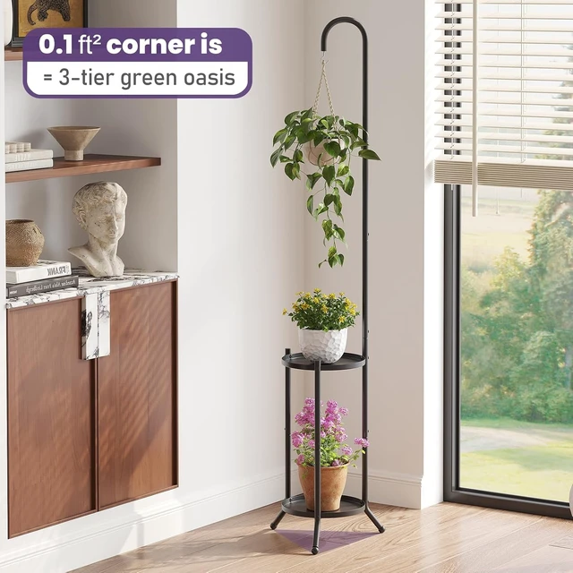 Alt view image 4 of 7 - 2-Tier Metal Plant Stand with Hanging Hook Heavy Duty Rustproof Indoor Outdoor Shelf for Multiple Planters, Corner Garden Balcony Patio (Black)