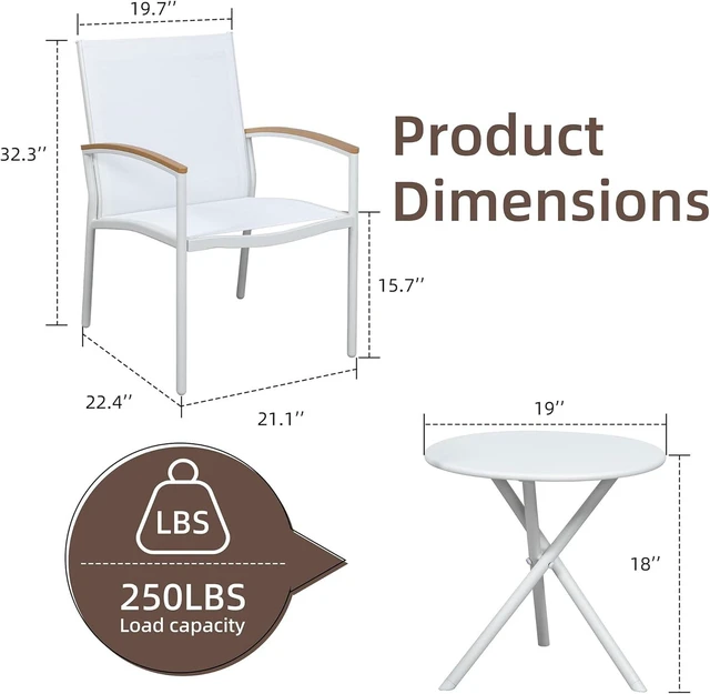 Alt view image 6 of 6 - 3-Piece Patio Bistro Set Outdoor Textilene Conversation Chairs with Table for Lawn, Garden, Balcony (White)