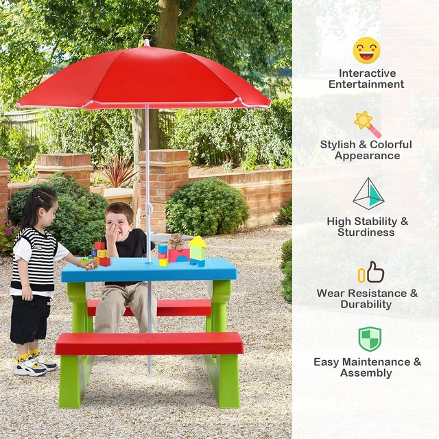 Alt view image 2 of 7 - Kids Picnic Table with Bench & Removable Umbrella Indoor Outdoor Portable Toddler Table Set for Garden, Backyard, Patio