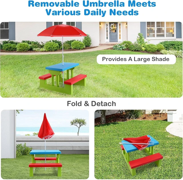 Alt view image 4 of 7 - Kids Picnic Table with Bench & Removable Umbrella Indoor Outdoor Portable Toddler Table Set for Garden, Backyard, Patio