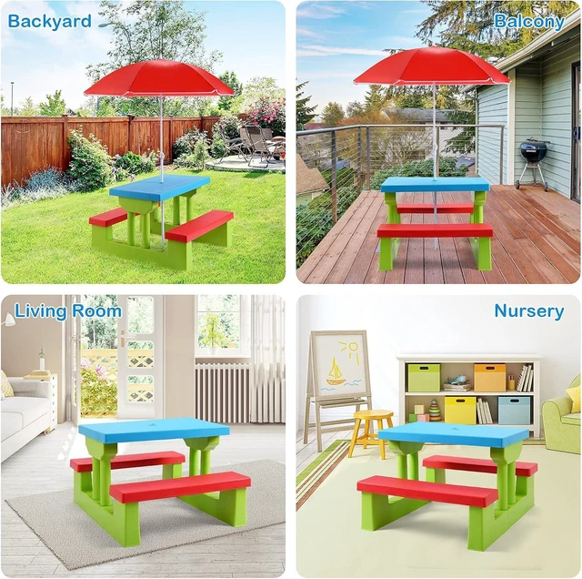 Alt view image 5 of 7 - Kids Picnic Table with Bench & Removable Umbrella Indoor Outdoor Portable Toddler Table Set for Garden, Backyard, Patio