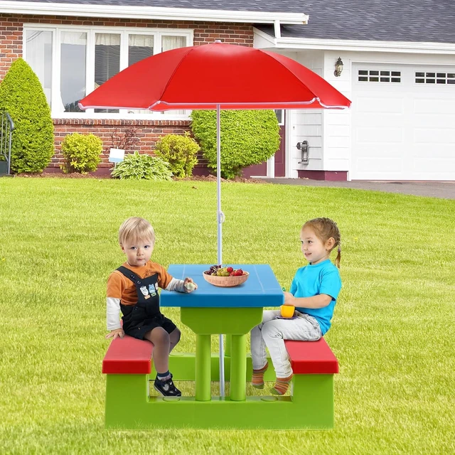 Alt view image 6 of 7 - Kids Picnic Table with Bench & Removable Umbrella Indoor Outdoor Portable Toddler Table Set for Garden, Backyard, Patio