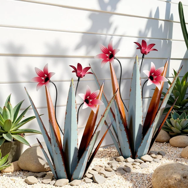 Main image of 2 Pack 16" Hand Painted Metal Agave Plant Sculptures Tequila Rustic Outdoor Yard Art Garden Decor