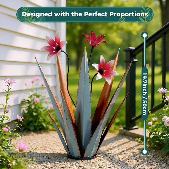 Alt view image 2 of 7 - 2 Pack 16" Hand Painted Metal Agave Plant Sculptures Tequila Rustic Outdoor Yard Art Garden Decor