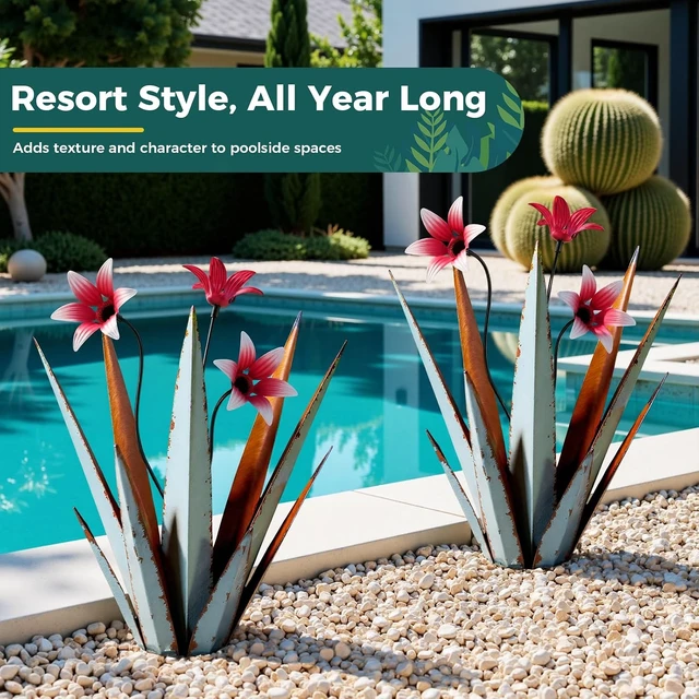 Alt view image 5 of 7 - 2 Pack 16" Hand Painted Metal Agave Plant Sculptures Tequila Rustic Outdoor Yard Art Garden Decor