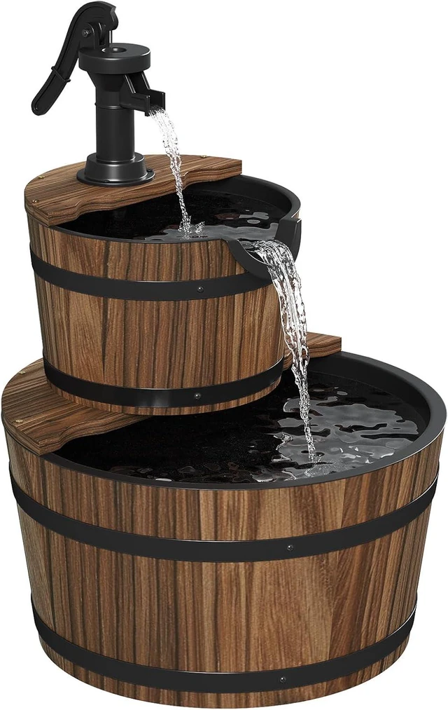 Main image of 2-Tier Wood Barrel Cascading Water Fountain Outdoor Rustic Electric Hand Pump Waterfall for Garden, Backyard, Patio, Porch, Yard