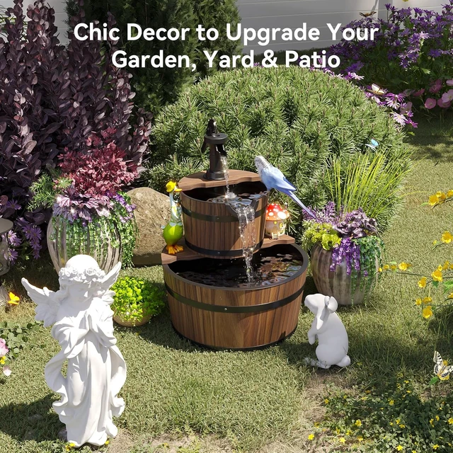 Alt view image 2 of 7 - 2-Tier Wood Barrel Cascading Water Fountain Outdoor Rustic Electric Hand Pump Waterfall for Garden, Backyard, Patio, Porch, Yard