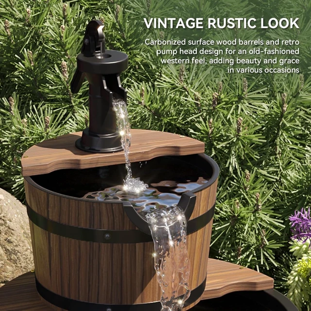 Alt view image 3 of 7 - 2-Tier Wood Barrel Cascading Water Fountain Outdoor Rustic Electric Hand Pump Waterfall for Garden, Backyard, Patio, Porch, Yard
