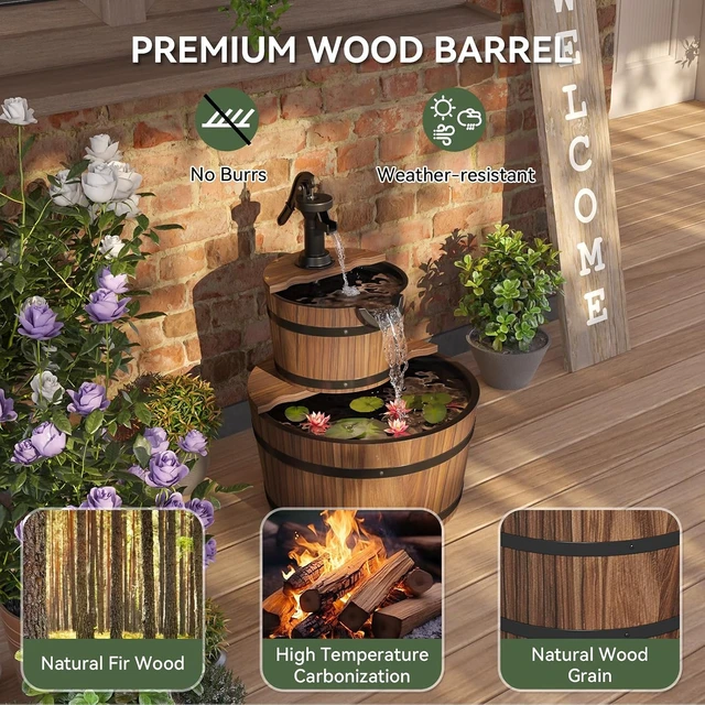 Alt view image 4 of 7 - 2-Tier Wood Barrel Cascading Water Fountain Outdoor Rustic Electric Hand Pump Waterfall for Garden, Backyard, Patio, Porch, Yard