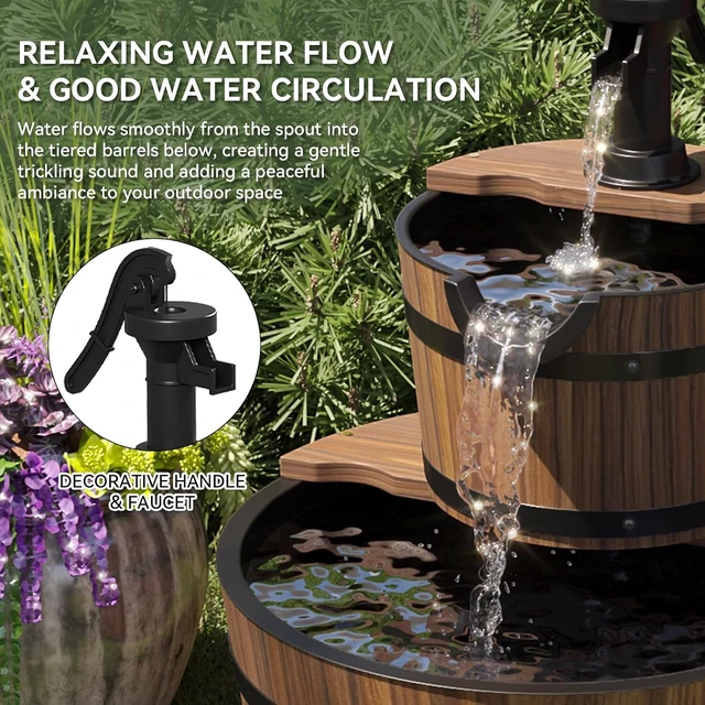 Alt view image 5 of 7 - 2-Tier Wood Barrel Cascading Water Fountain Outdoor Rustic Electric Hand Pump Waterfall for Garden, Backyard, Patio, Porch, Yard