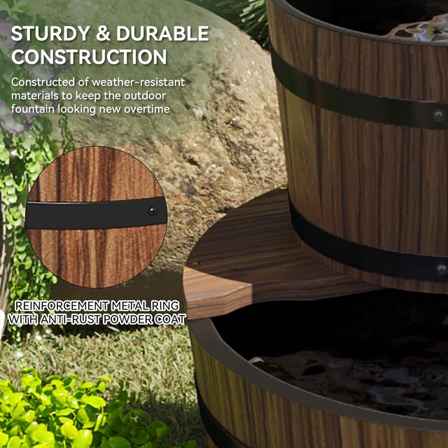 Alt view image 6 of 7 - 2-Tier Wood Barrel Cascading Water Fountain Outdoor Rustic Electric Hand Pump Waterfall for Garden, Backyard, Patio, Porch, Yard