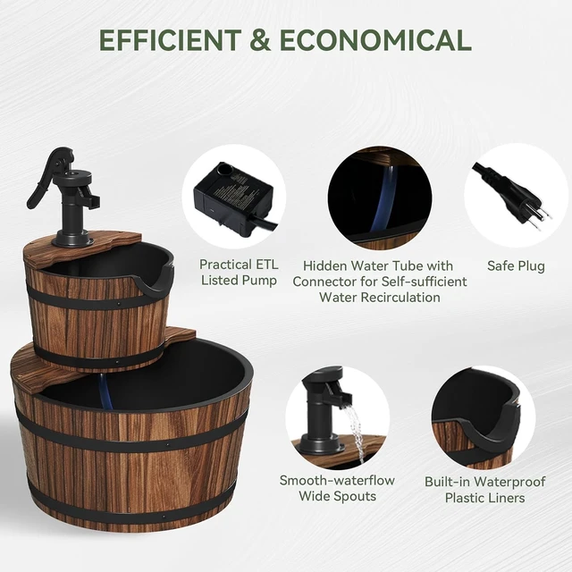 Alt view image 7 of 7 - 2-Tier Wood Barrel Cascading Water Fountain Outdoor Rustic Electric Hand Pump Waterfall for Garden, Backyard, Patio, Porch, Yard