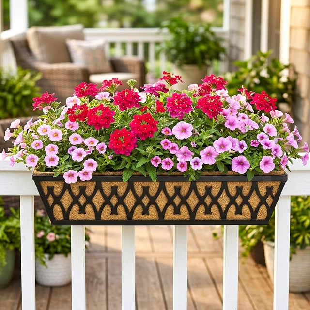 Alt view image 2 of 7 - 2 Pack 24 Inch Window Box Planters Black Railing Planter with Adjustable Brackets & Coco Liners for Porch, Fence, Patio, Balcony