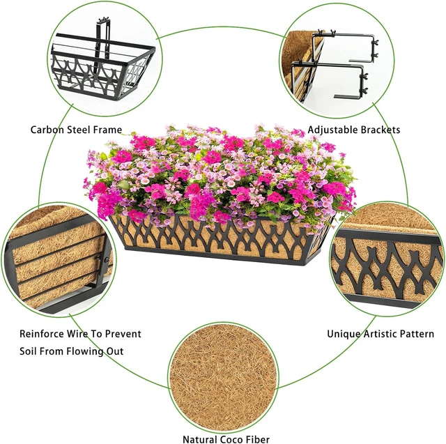 Alt view image 3 of 7 - 2 Pack 24 Inch Window Box Planters Black Railing Planter with Adjustable Brackets & Coco Liners for Porch, Fence, Patio, Balcony