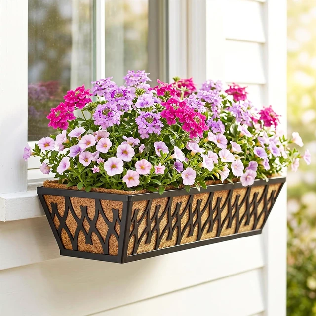 Alt view image 4 of 7 - 2 Pack 24 Inch Window Box Planters Black Railing Planter with Adjustable Brackets & Coco Liners for Porch, Fence, Patio, Balcony