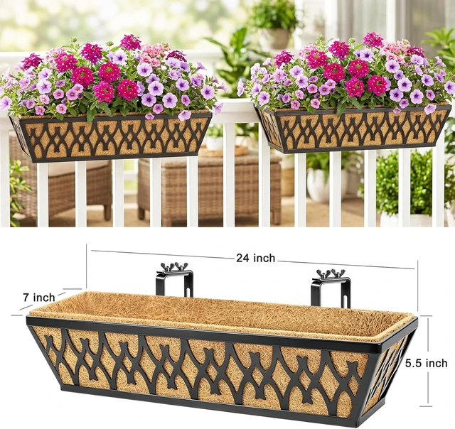Alt view image 6 of 7 - 2 Pack 24 Inch Window Box Planters Black Railing Planter with Adjustable Brackets & Coco Liners for Porch, Fence, Patio, Balcony