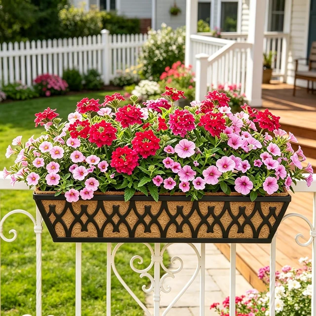Alt view image 7 of 7 - 2 Pack 24 Inch Window Box Planters Black Railing Planter with Adjustable Brackets & Coco Liners for Porch, Fence, Patio, Balcony