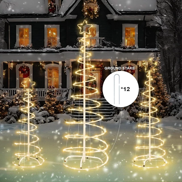 Alt view image 3 of 7 - 3 Packs Lighted Christmas Spiral Tree, 3/4/5 FT Collapsible Xmas Tree with Metal Stakes for Indoor & Outdoor Yard, Porch, Garden (Warm White, 3-4-5 FT)