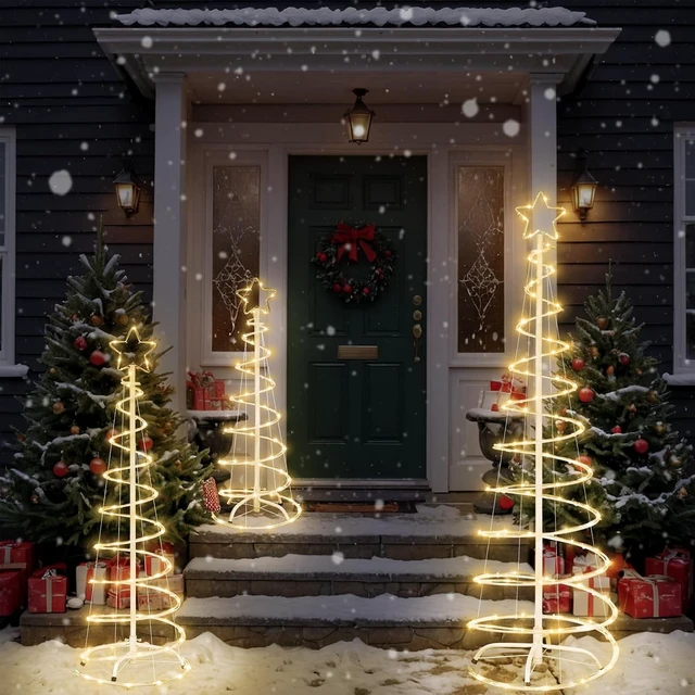 Alt view image 6 of 7 - 3 Packs Lighted Christmas Spiral Tree, 3/4/5 FT Collapsible Xmas Tree with Metal Stakes for Indoor & Outdoor Yard, Porch, Garden (Warm White, 3-4-5 FT)