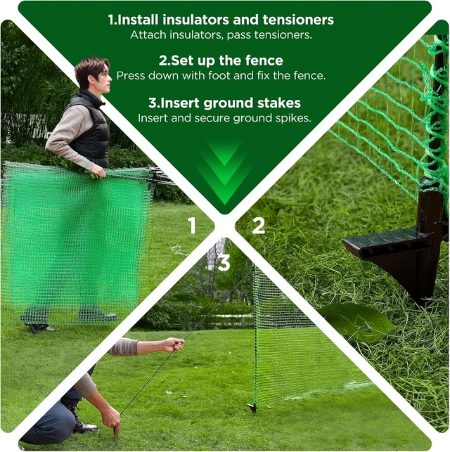 Alt view image 5 of 7 - Temporary Fence with Step-in Stakes, 3'x50' Plastic Mesh Safety Barrier with Fiberglass Posts & Windbreak Rope for Dog, Snow, Garden, Backyard