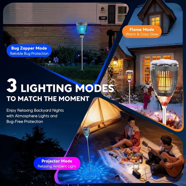 Alt view image 2 of 7 - Outdoor Solar Bug Zapper Mosquito Zapper with Flame Light & RGB Projector