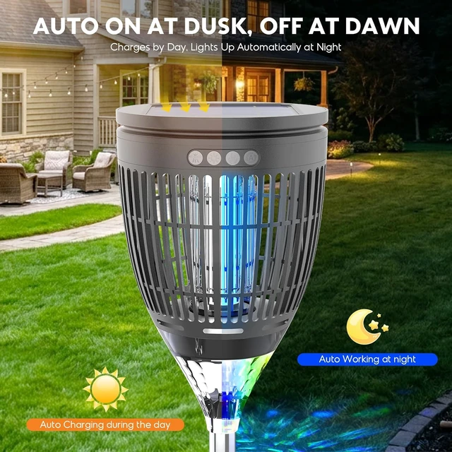 Alt view image 4 of 7 - Outdoor Solar Bug Zapper Mosquito Zapper with Flame Light & RGB Projector