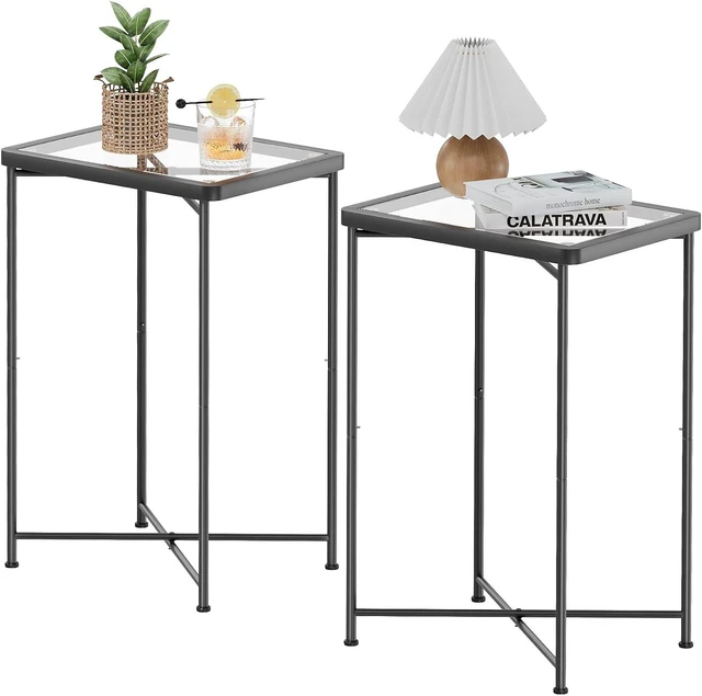 Main image of Set of 2 Black Small Side Tables with Glass Top & Metal Frame Mini End Table for Living Room, Bedroom, Patio, Small Space