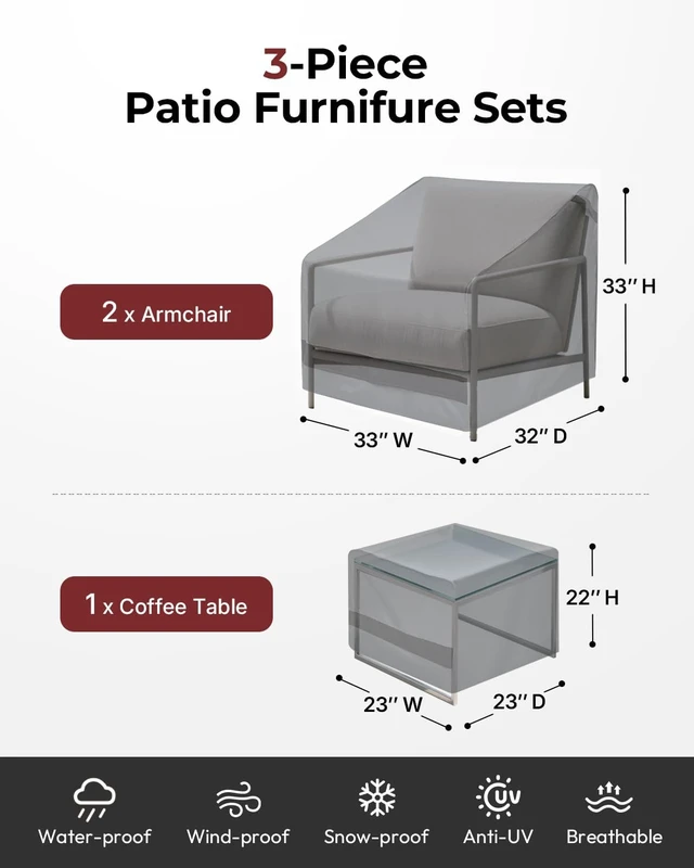 Alt view image 2 of 7 - 3-Piece Waterproof Patio Furniture Cover Set 600D Heavy Duty Grey Lawn Furniture Covers