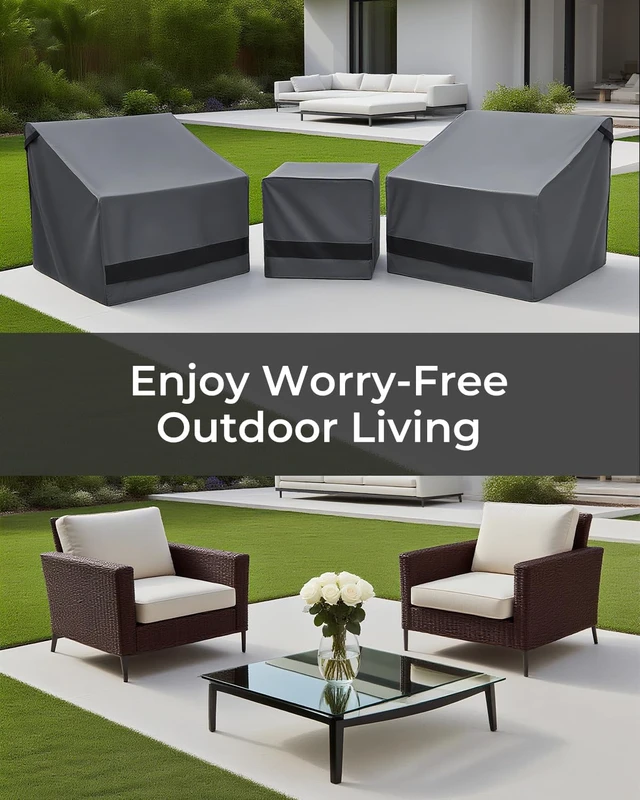 Alt view image 7 of 7 - 3-Piece Waterproof Patio Furniture Cover Set 600D Heavy Duty Grey Lawn Furniture Covers