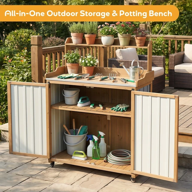 Alt view image 2 of 7 - Potting Bench with Wheels & Storage Mobile Outdoor Garden Cabinet
