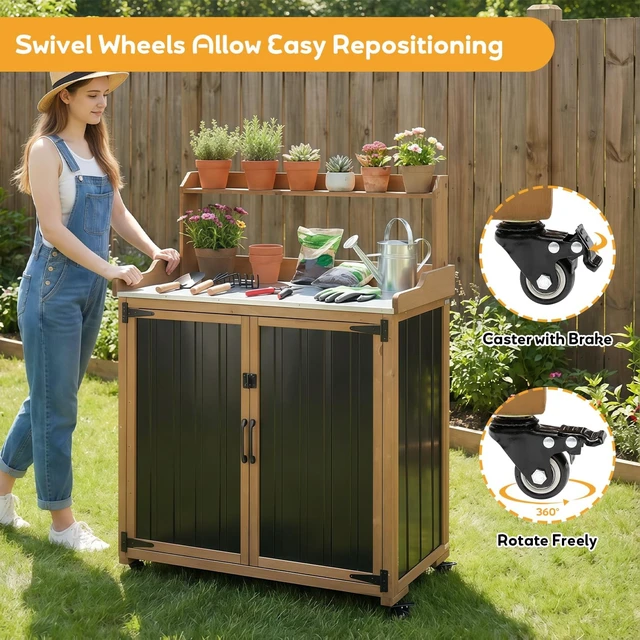 Alt view image 3 of 7 - Potting Bench with Wheels & Storage Mobile Outdoor Garden Cabinet