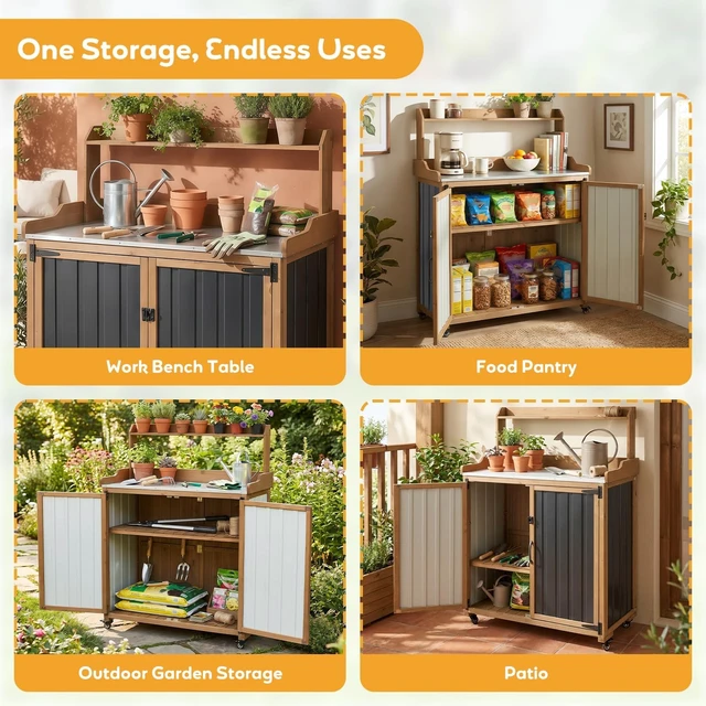 Alt view image 6 of 7 - Potting Bench with Wheels & Storage Mobile Outdoor Garden Cabinet