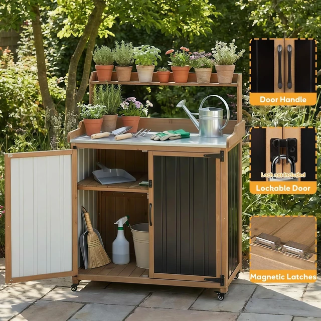 Alt view image 7 of 7 - Potting Bench with Wheels & Storage Mobile Outdoor Garden Cabinet
