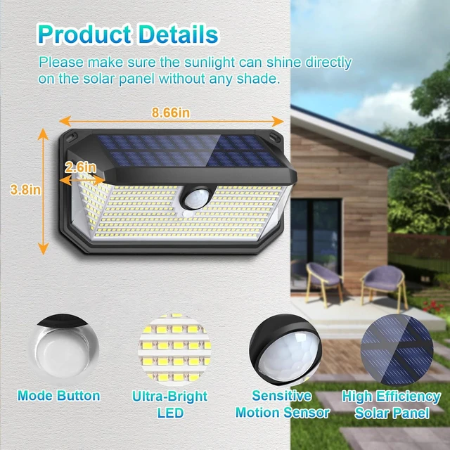 Alt view image 6 of 7 - 4-Pack Super Bright 388 LED Solar Security Lights Outdoor Motion Sensor, Reflector & 3 Modes, Waterproof Wall Lights for Patio, Deck, Fence, Garage