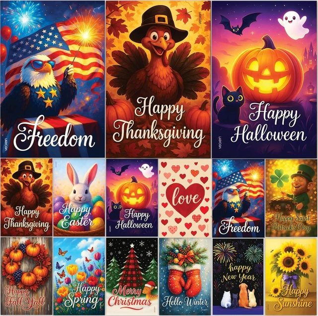 Main image of Premium 12 Pack 12x18 Inch Double Sided Burlap Garden Flags Seasonal Yard Flags for Spring, Summer, Fall, Winter, Easter, Mother's Day, Valentine's, St. Patrick's, 4th of July, Halloween