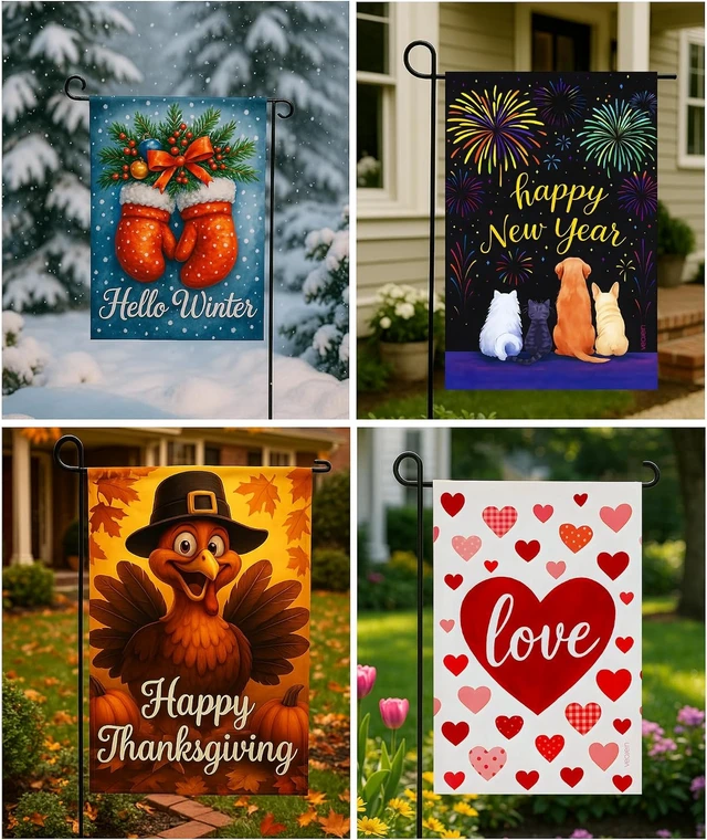 Alt view image 2 of 7 - Premium 12 Pack 12x18 Inch Double Sided Burlap Garden Flags Seasonal Yard Flags for Spring, Summer, Fall, Winter, Easter, Mother's Day, Valentine's, St. Patrick's, 4th of July, Halloween